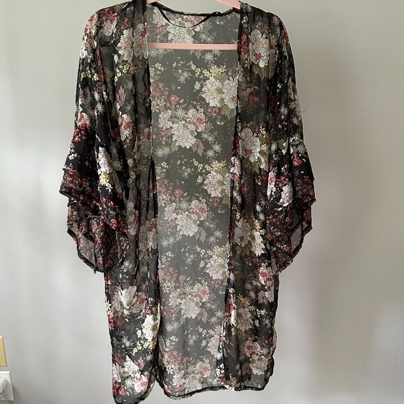 Sweaters - Boho Long Festival Kimono Floral Ruffle Sheer Artsy in One Size OS